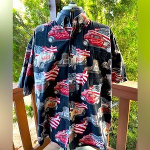 Men’s Casual Button Down RedHead 2XL Hot Rods and American Flags
